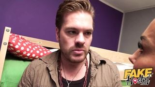 Fake Hostel Young guy tries to impress hot sexy busty Kiwi MILF with tall tales then creampies her shaved pussy