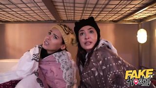 Fake Hostel Big Latino Ass and Skinny Brunette have Strong Orgasms