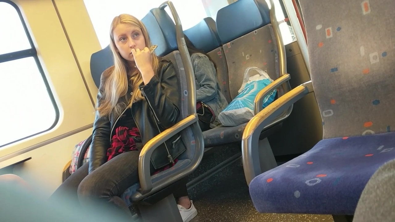 Girl on train shocked by big bulge | PornMega.com