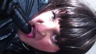 Latex Slutty Guy pegged by blonde latex nurse!