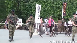 A cute girl is fucked by 2 guys by the Eiffel Tower in Paris, France