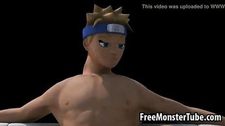 Three hot 3D babes have group sex in front of Naruto