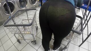 Wife doing Laundry in see through Leggings Visible Yellow Panties