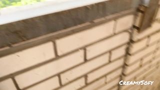 Caught a Teen in Panties in a Public Balcony and Cum on Big Boobs