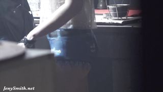 Jeny Smith Bottomless in the Club. Painted Shorts looks like Real