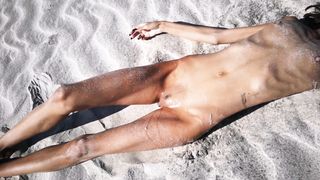 Stranger Finds a Perfect Tanned Skinny Brunette on a Nudist Beach and gives her a Hot Piss