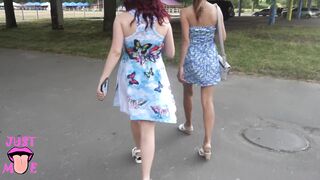 Two Girls Flashing Pussy in Public Park, Upskirt no Panties