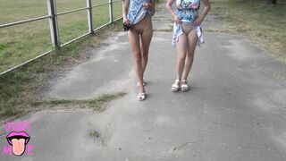 Two Girls Flashing Pussy in Public Park, Upskirt no Panties