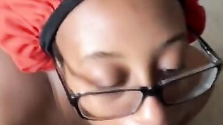 Ebony Nerd got Cum in Mouth, Face, & Glasses