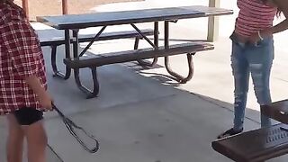 Mexican Girl gives her Friend a Spanking Bending over the Table