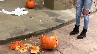 Pumpkin Smashing with Blonde Big Tits KENZIE TAYLOR for Halloween Trick or Treat