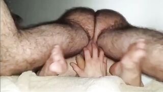 Hairy Daddy with hairy legs breeds boy from below