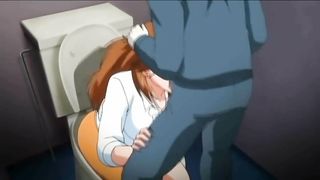 Busty is fucked in four - Brunette is fucked in a public bathroom