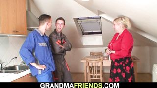 Two Repairmen Share Busty very old Granny