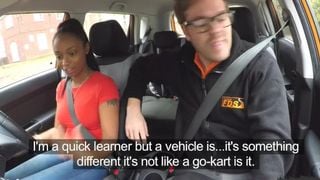 Fake Driving School ebony learner with big tits is worst driver yet