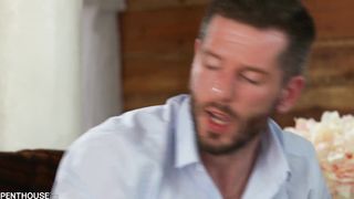 Penthouse star Channel Heart cowgirl rides big white dick and gets cum on her ass