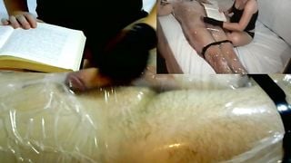 Femdom Handjob Tease in Plastic Wrap While Reading