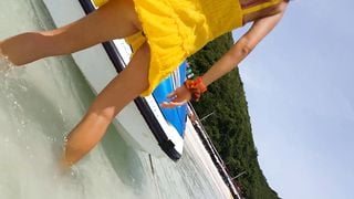 UP Yellow DRESS r NO PANTIES on Public Tropical Beach