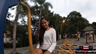 Asian teen girlfriend works out in an outdoor gym and sucks at home