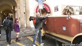 Old granny in stockings rides stranger's cock