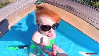 Horny redhead MILF fucks herself in the pool, until cock arrives!
