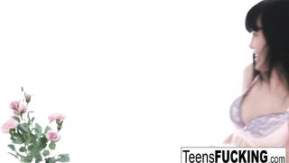 Brunette teen gets her face covered in jizz