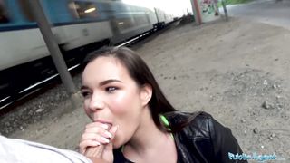 Public Agent Sofia Lee screwed next to a live train track