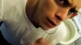 Boy sucking cock and eating cum in restroom