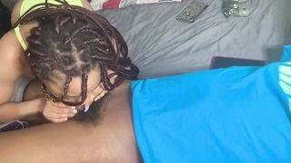 Horny Ebony Wake her Step-brother up to Sloppy Blowjob