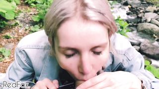 Schoolgirl Sloppy POV Blowjob on Nature, Cums on Mouth