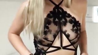 Hot Blonde Strips out of Business Casual for Lingerie Tease