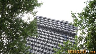 Babe gets interracial cum