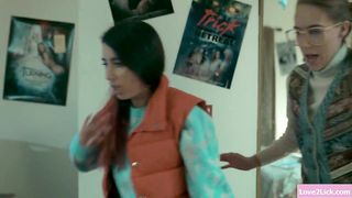 Busty babe ganged by 2 horny teen lesbos