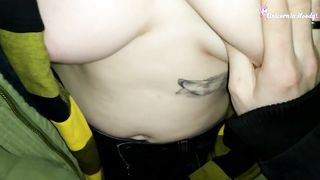 Girl Chokes on Neighbor's Dick in the Staircase and Gets Cum on her Tits