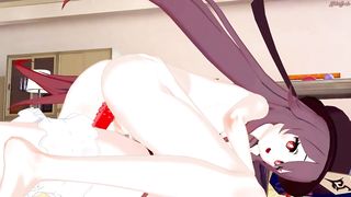Hu Tao riding Amber’s strapon cock until she orgasms - Genshin Impact Lesbian Hentai.