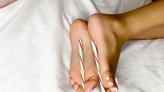 Black Girl Put Candy Canes on her Black Feet while getting Fuck by White Cock