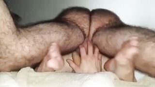 Hairy Daddy with hairy legs breeds boy from below