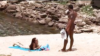 Black dude looks for horny babes at the nude beach and bangs one of 'em