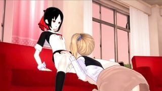 Kaguya Shinomiya gets her pussy eaten by Ai Hayasaka before riding a strapon - Love is War Hentai.