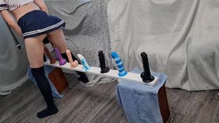 Skinny Babe Riding all Her Dildos from Small to Big till Big Orgasm