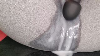 Vibrator orgasm in leggings after HUGE creampie