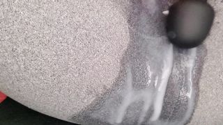 Vibrator orgasm in leggings after HUGE creampie