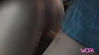 Beautiful little brunette having sex standing with her boyfriend in the kitchen