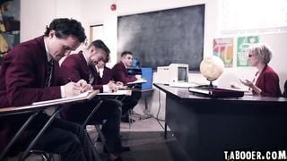 50 years old teacher Dee William put herself at odds with four of her students during a class and ends up being gangbanged by her students!