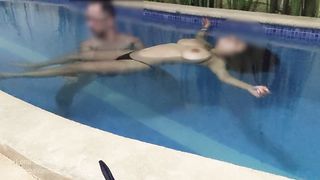 Busty teen showing boobs on public pool, we were caught fucking