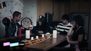Halloween Orgy With Leana Lovings and Serena Santos and Their Horny Stepbros