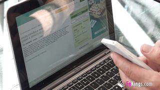 Busty cleaning lady cleans her client's cock with her tongue