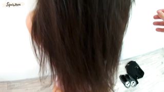 Hot small babe fuck her roommate,squirt and take cum on stomach-Squir7een