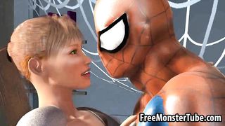 3D blonde babe gets her pussy licked by Spiderman