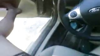 Bear in thigh high nylons jerking off in the car at the park